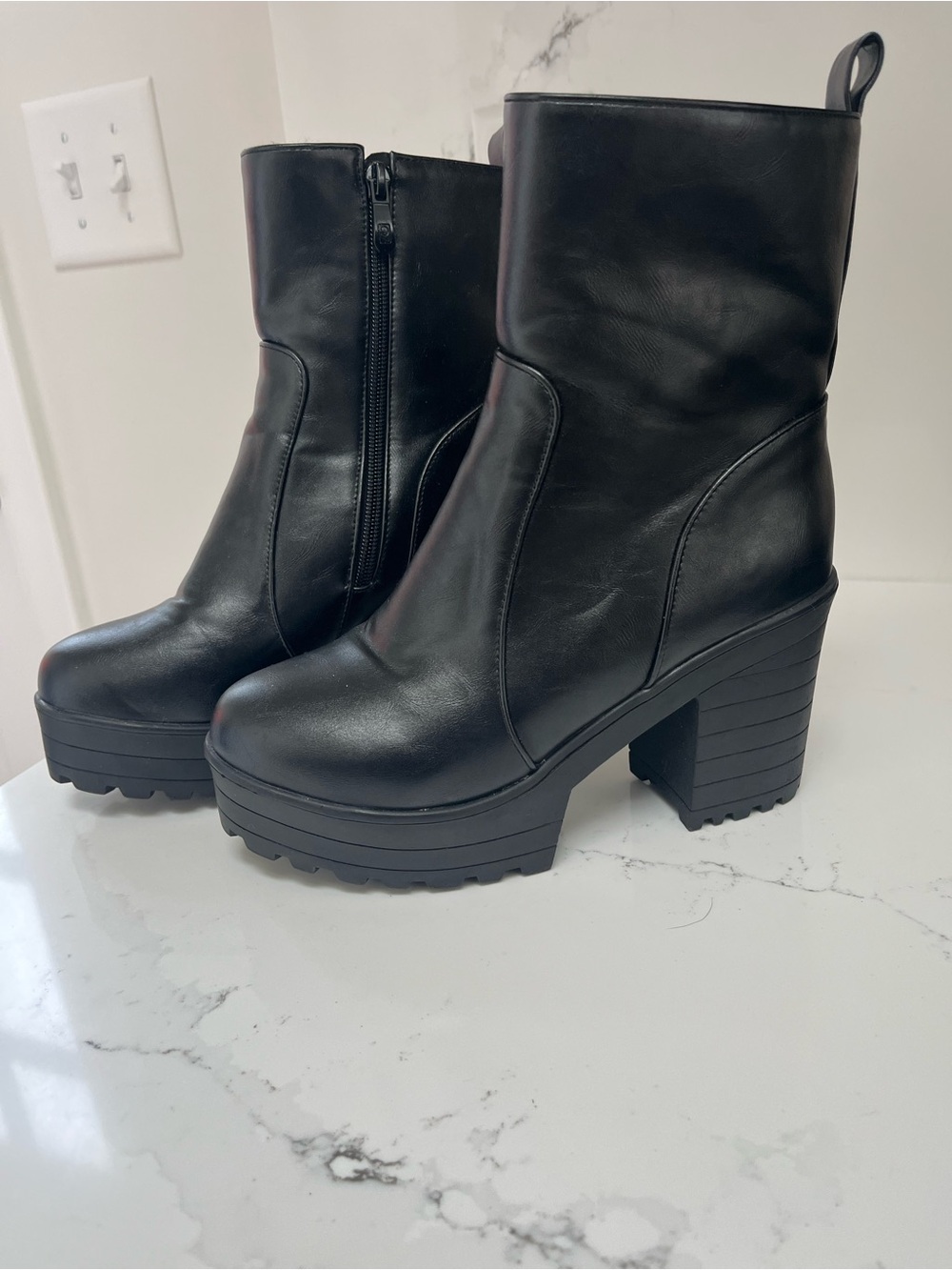 Black Platform Block Heel Ankle Boots - Women